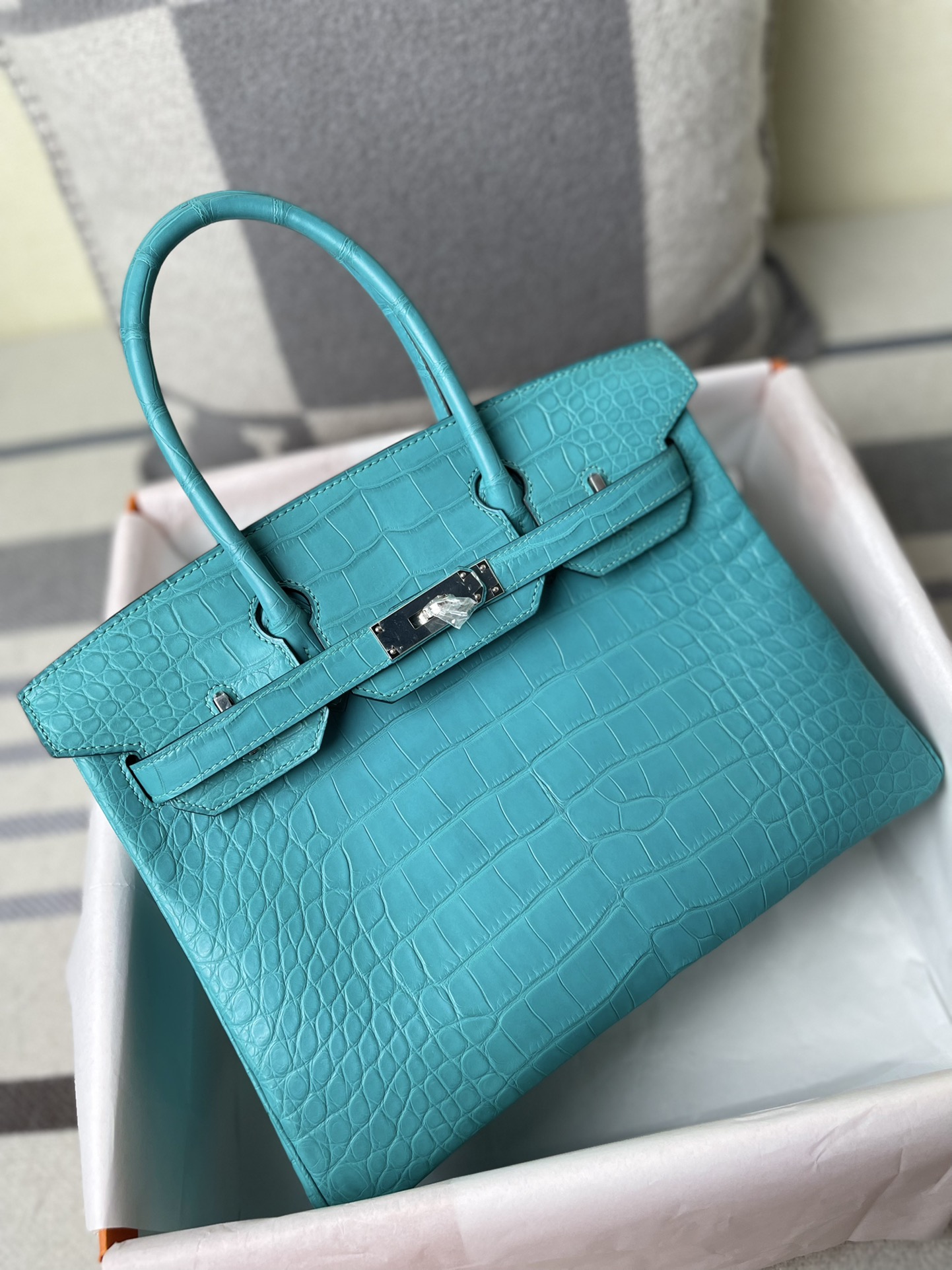 Hermes Birkin 30CM Handmade Bag In Blue Turquoise Crocodile Niloticus Matte Skin